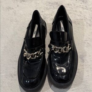 Zara Black Loafers with Silver Chain Accent